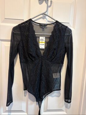 INC International Concepts Black Lace & Mesh Plunge Bodysuit